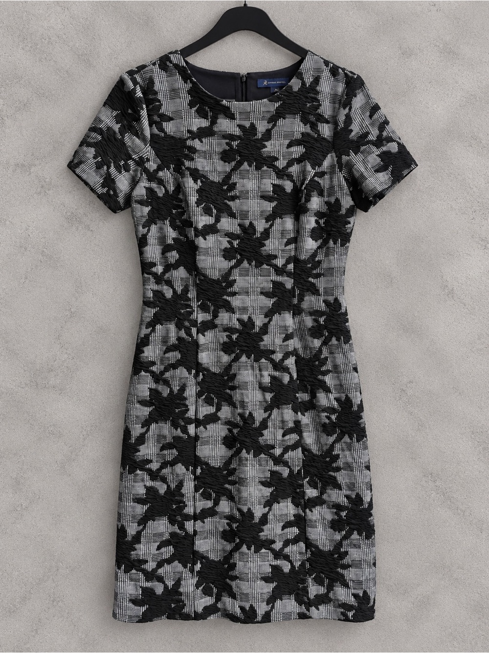 Brooks Brothers Size 8 Black Gray Floral Jacquard Plaid Sheath Dress